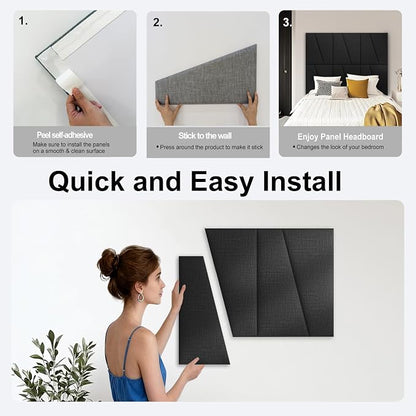 Peel and Stick Headboard for Twin Bed Linen Fabric Upholstered Wall Mounted Headboard - Wall Padding Panel in Black for Bedroom/Living Room/Dorm (4 Panels)