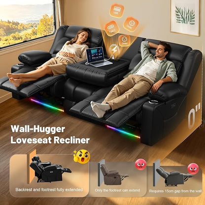 Power RV Loveseat Recliner Sofa, Electric Reclining Loveseat Couch with Flip Backrest, 3 Seat RV Recliner Sofa with USB & Type-C Ports, Zero Wall Hugger RV Furniture with Storage & LED Light