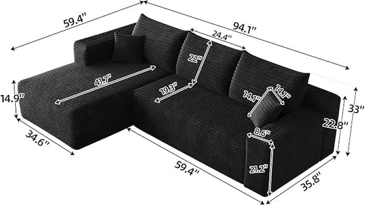 JINGLING 94" L Shape Couch with Left Chaise, Memory Foam Boneless Sectional Sofa in a Box, No Assembly Modular Small Couches for Small Spaces, Living Room, Apartments, Plush Corduroy, Black