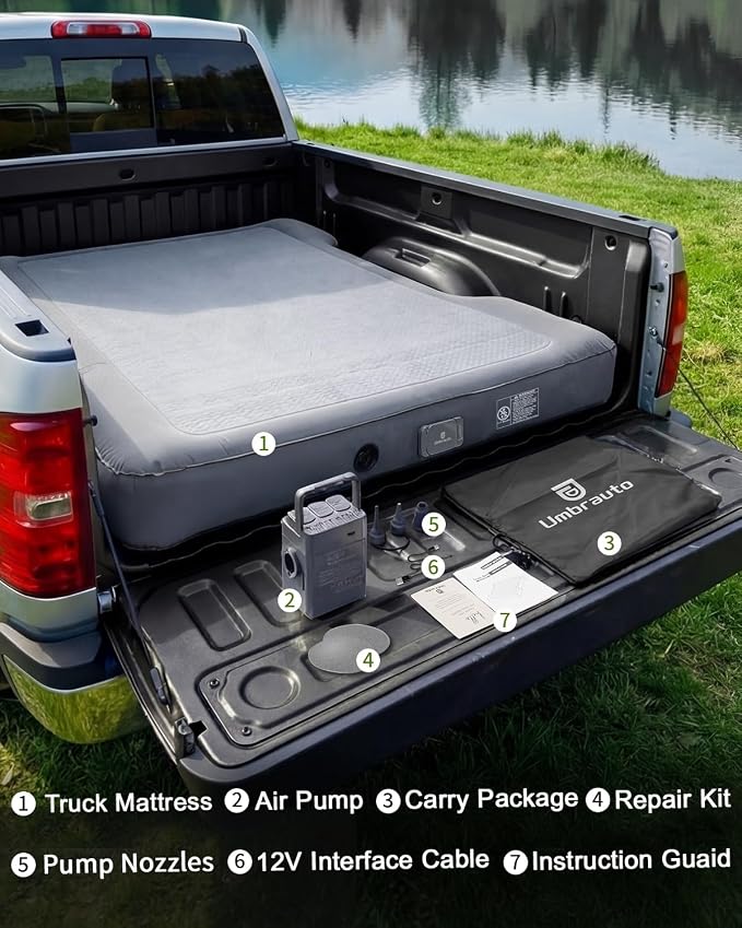 Umbrauto Premium Drop-Stitch Truck Bed Air Mattress for 6-6.5 ft Full Size Bed, Sag-Resistant Waterproof Firm Sleeping Pad for Truck Tent Camping, Dark Grey