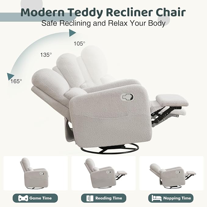 Swivel Rocker Recliner, Oversized Teddy Manual Nursery Glider Rocking Recliner with Removable Cushion, Upholstered Boucle Swivel Reclining Chair for Nursery Living Room Bedroom, Grey