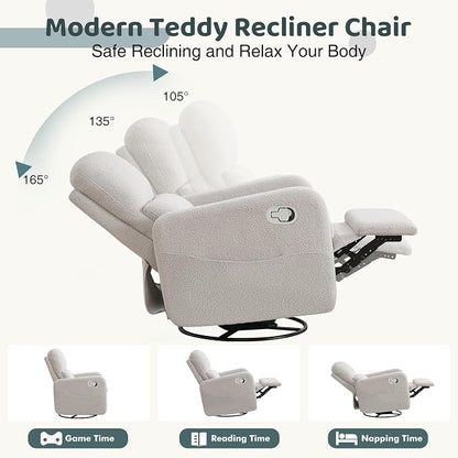 Swivel Rocker Recliner, Oversized Teddy Manual Nursery Glider Rocking Recliner with Removable Cushion, Upholstered Boucle Swivel Reclining Chair for Nursery Living Room Bedroom, Grey