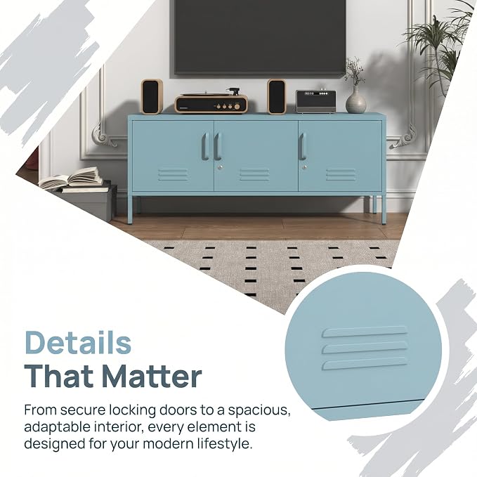 3 Door Lockable Metal TV Stand Storage Cabinet with Accent Cabinet Locker, Wide Heavy Duty Media Console for Large 100+ Inch TVs, Home Office Entertainment Center, Blue 22"H X 47.3"W X 13.8"D