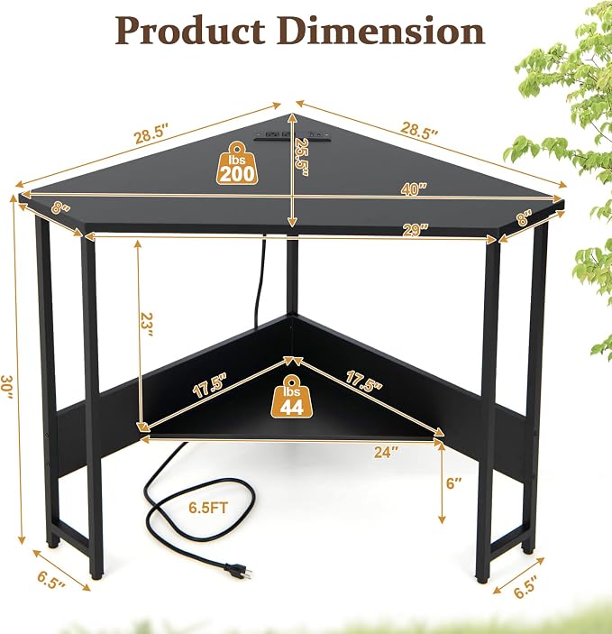 Corner Desk with Charging Station & USB Port, 90-Degree Triangle Computer Workstation w/Storage Shelf, Metal Frame, Space-Saving Laptop PC Desk for Small Space, Home Office (Black)