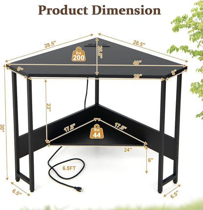 Corner Desk with Charging Station & USB Port, 90-Degree Triangle Computer Workstation w/Storage Shelf, Metal Frame, Space-Saving Laptop PC Desk for Small Space, Home Office (Black)