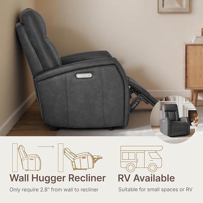 KISLOT Wall Hugger Power Recliner Chair with USB & Type-C Ports Faux Leather Recliner 135° Reclining Small Space Electric Sofa for RV Living Room Bedroom