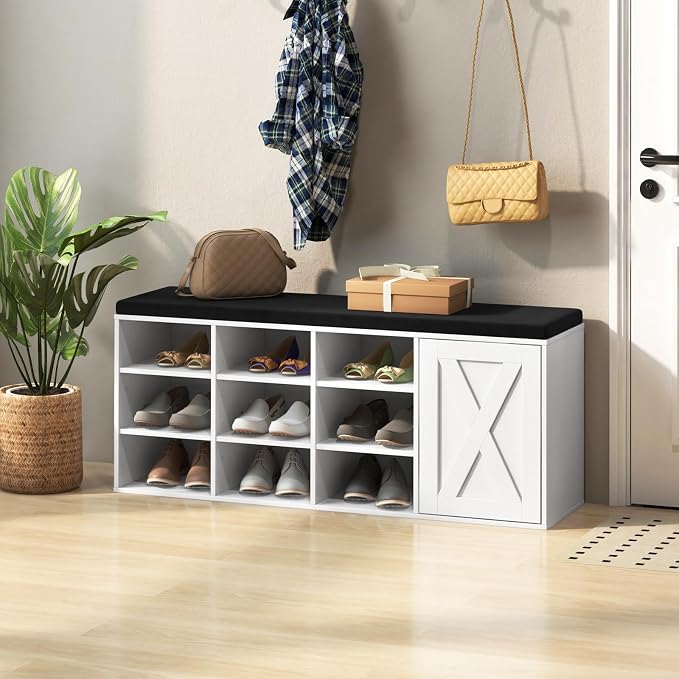 Tangkula Shoe Storage Bench with Padded Cushion, 3-Tier Entryway Bench with 9 Compartments, Adjustable Shelves, Closet, 9-Cube Shoe Organizer for Entryway, Hallway, Bedroom (White)