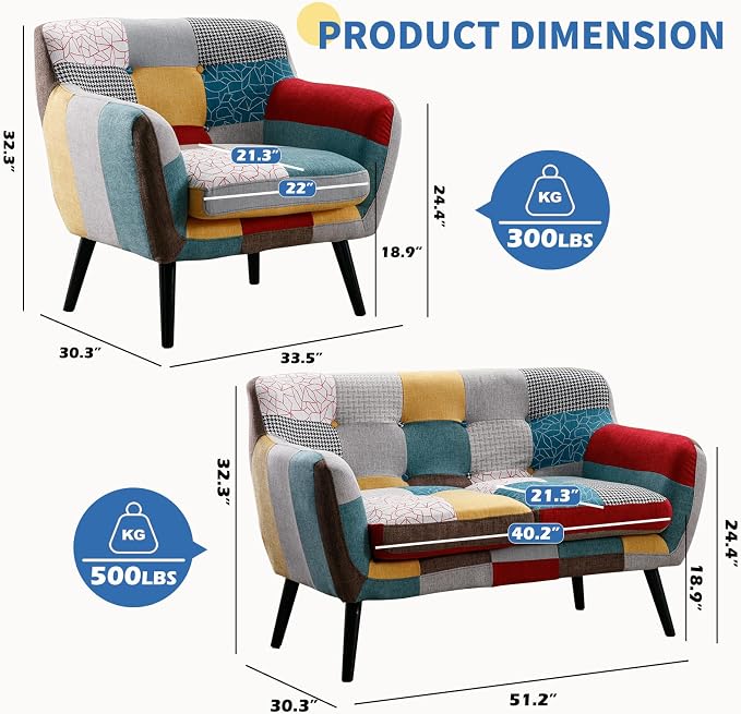 Bonzy Home Modern Colorful 3 Piece Coroful Fabric Sofa Set, Included 2 Accent Chairs and Boho Loveseat, Linen Patchwork Plaid Couches with Rubberwood Legs and Removable Upholstered for Living Room
