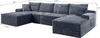 132" Oversized U-Shaped Cloud Sectional Couch Plush Corduroy Boneless Symmetrical Sofa, Front Facing Modular Compressed Boneless Sectional Sofa with Double Chaise Lounges