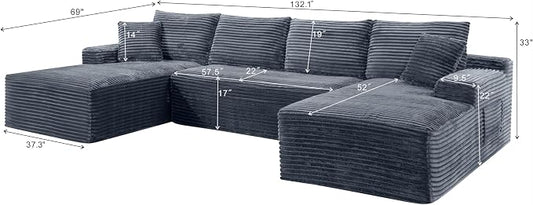 132" Oversized U-Shaped Cloud Sectional Couch Plush Corduroy Boneless Symmetrical Sofa, Front Facing Modular Compressed Boneless Sectional Sofa with Double Chaise Lounges