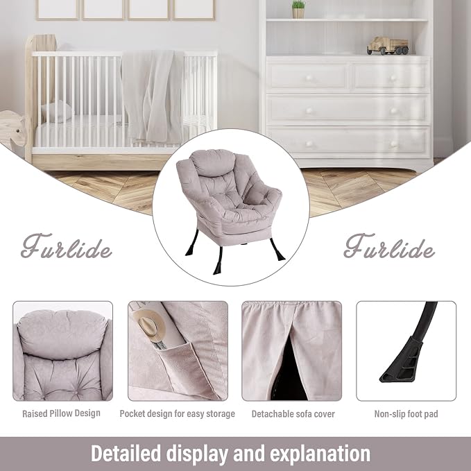 Furlide Lazy Chair with Ottoman, Modern Chair with Folding Footrest, Lounge Accent Chair, Comfortable Reading Chair, Oversized Armchairs for Bedroom, Study, Living Room, Courtyard (Light Grey)
