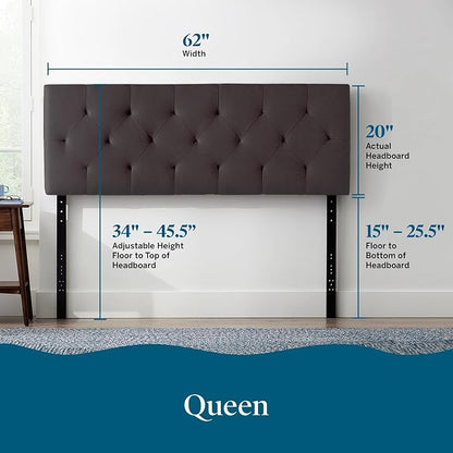 Lucid Mid-Rise Upholstered Headboard - Diamond Tufted - Padded Polyester - Adjustable Height from 34” to 46” - Easy Assembly - Bed Frame or Wall Mount - Sturdy - Charcoal - Queen Size