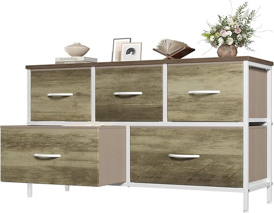 OLIXIS 5 Drawer Dresser for Bedroom, Storage Organizer Unit for Closet | Chest of Drawers for Clothes Storage with Bins, Wide Fabric Bedroom Dresser, Wooden Top, Living Room, Greige Oak