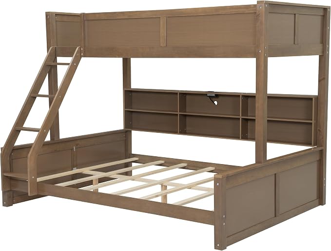 RUNNA Twin XL Over Queen Bunk Bed with Storage,USB Ports,Wood | Twin XL over queen bunk bed with storage cabinets, USB, solid pine wood, guardrails, no box spring needed,Wood