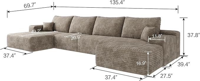 135" U Shaped Boneless Couch with Ottoman, Convertible Sleeper Compression Sofa, Corduroy Couch Sectional for Living Room Bedroom, Deep Seat Foam Cloud Sofas No Assembly, Right Facing Chaise, Camel