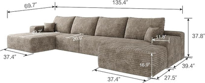 135" U Shaped Boneless Couch with Ottoman, Convertible Sleeper Compression Sofa, Corduroy Couch Sectional for Living Room Bedroom, Deep Seat Foam Cloud Sofas No Assembly, Right Facing Chaise, Camel