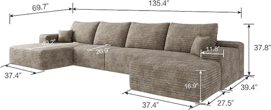 135" U Shaped Boneless Couch with Ottoman, Convertible Sleeper Compression Sofa, Corduroy Couch Sectional for Living Room Bedroom, Deep Seat Foam Cloud Sofas No Assembly, Right Facing Chaise, Camel