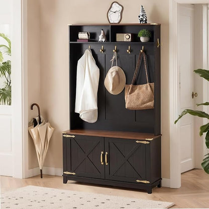 EROMMY 38" Farmhouse Hall Tree with Bench and Shoe Storage, Entryway Bench with Coat Rack, 2 Open Compartments, 7 Coat Hooks, Barn Door & Adjustable Shelf, Rustic Black and Brown