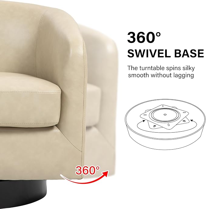 Swivel Barrel Accent Chair, Modern Round Faux Leather Arm Chair for Living Room, Bedroom, Comfy Club Reading Chairs for Adults(Faux Leather, Cream, Set of 1)