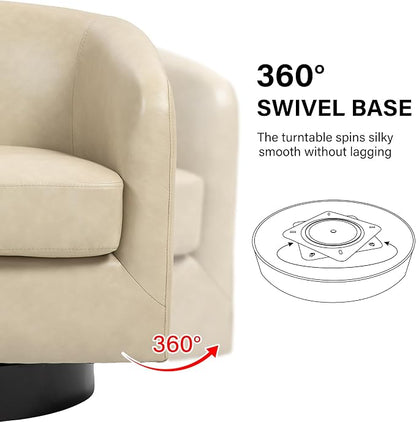 Swivel Barrel Accent Chair, Modern Round Faux Leather Arm Chair for Living Room, Bedroom, Comfy Club Reading Chairs for Adults(Faux Leather, Cream, Set of 1)