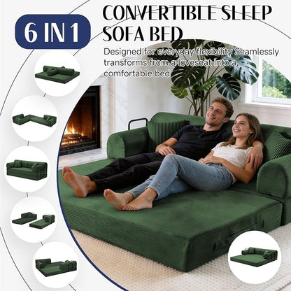 79'' Convertible Sofa Bed, 6 in 1 Folding Floor Futon Couch Sleeper with Fixed Frame, Corduroy Modular Sofa Bed with Removable Armrests & Pillows, No Assembly for Living Room Bedroom (Green)