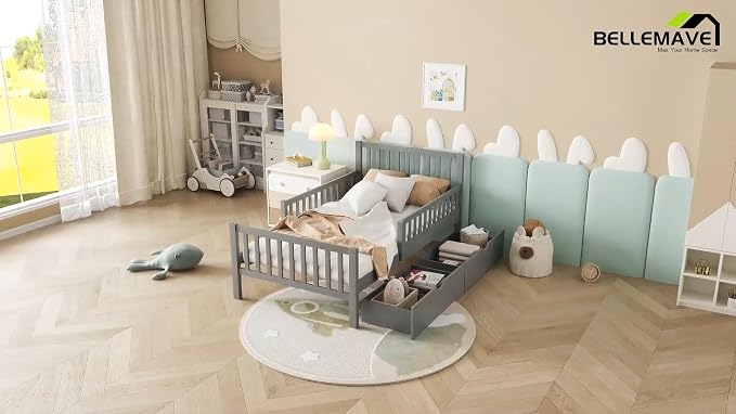 Bellemave Kids Full Size Bed Frame with Storage Drawers, Wood Full Bed Frames for Kids, Full Bed Frame with Headboard and Footboard for Boys Girls, No Box Spring Needed,Gray