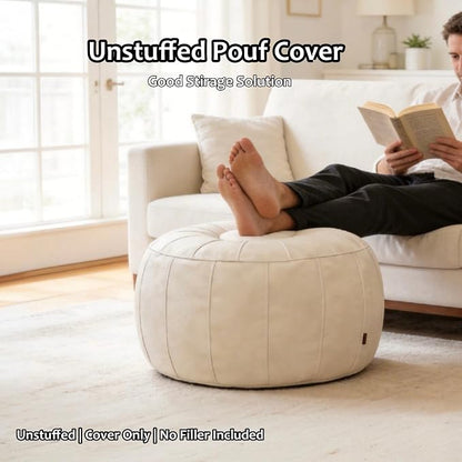Thgonwid Unstuffed Moroccan Storage Pouf Foot Stool Ottoman Seat, No Filler Included, Handmade Faux Leather Bean Bag Floor Chair Foot Rest for Living Room, Bedroom or Balcony, Ivory White