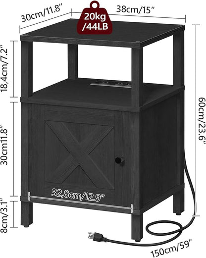 MAHANCRIS Farmhouse Nightstand with Charging Station, Black Bedside Table with USB & Type-C Ports, End Table with Storage and Open Shelf, Modern Side Table for Bedroom, ETBK96E01
