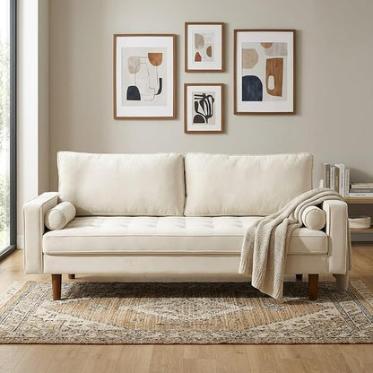 Container Furniture Direct Womble 70 Inch Velvet Sofa with Elegant Button Tufted Upholstery, Square Arms, Splayed Wood Legs, Includes Matching Bolster Pillows, Beige