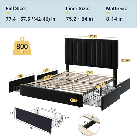 Allewie Full Size Storage Bed Frame, Vertical Channel Tufted Adjustable Headboard, Velvet Upholstered Platform Bed with 4 Oversized Underbed Drawers, Wooden Slats Support, No Box Spring Needed, Black