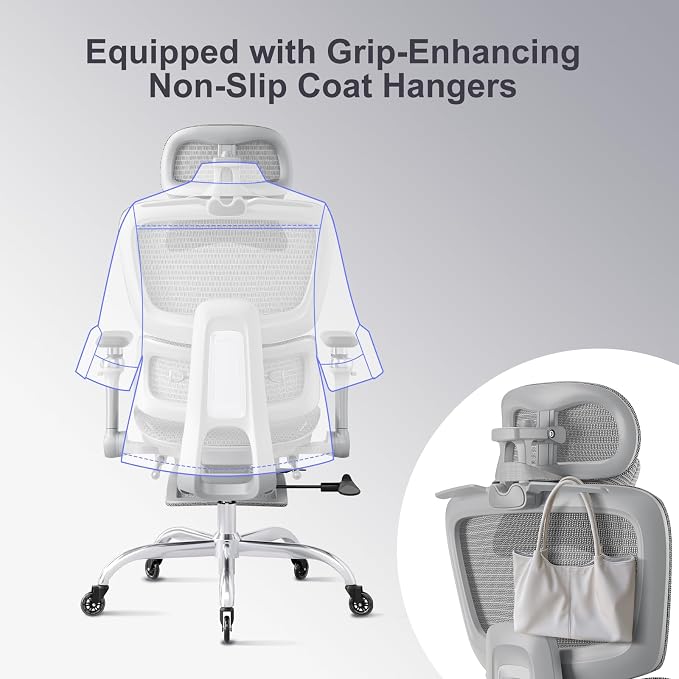 Office Chair with Footrest, Ergonomic Chair with 3D Headrest, Computer Chair with Adjustable Backrest & 6D Armrest, Gaming Chair with Adaptive Lumbar Support, Adjustable Seat Depth, Grey