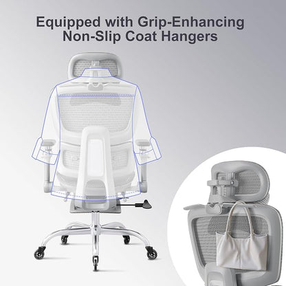 Office Chair with Footrest, Ergonomic Chair with 3D Headrest, Computer Chair with Adjustable Backrest & 6D Armrest, Gaming Chair with Adaptive Lumbar Support, Adjustable Seat Depth, Grey