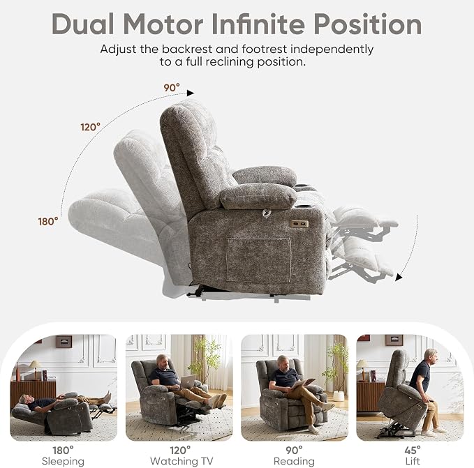 Power Lift Recliner Chair for Elderly with Massage and Heat, Dual Motor Electric Lift Chair with Arm Storage, Lay Flat Recliner for Big and Tall, Infinite Position,Living Room, Bedroom, Gray