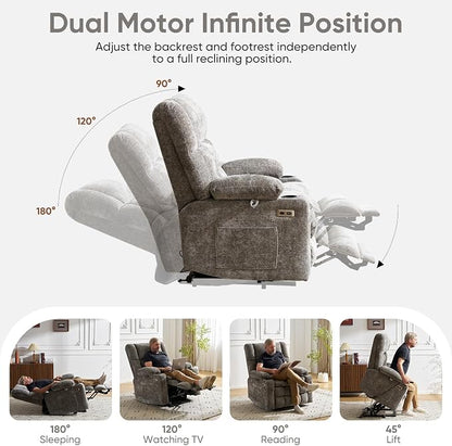 Power Lift Recliner Chair for Elderly with Massage and Heat, Dual Motor Electric Lift Chair with Arm Storage, Lay Flat Recliner for Big and Tall, Infinite Position,Living Room, Bedroom, Gray