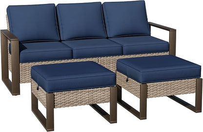 Joyside Outdoor Patio Sofa, 4 Pieces Wicker Rattan Furniture Set, 1 Patio Couch and 2 Ottoman, Metal Wide Armrest, Thick Cushions and Deep Seating for Garden, Backyard, Porch, Deck