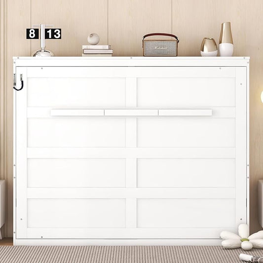 Ball & Cast Full Size Murphy Bed,Hideaway Beds with Dual Piston Metal Folding Mechanism Designed,Wood Wall Cabinets Bedframe w/Slat Support and Storage Platform Top,Hardware Chain,for Apartment,White