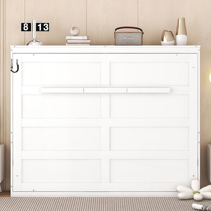 Ball & Cast Full Size Murphy Bed,Hideaway Beds with Dual Piston Metal Folding Mechanism Designed,Wood Wall Cabinets Bedframe w/Slat Support and Storage Platform Top,Hardware Chain,for Apartment,White