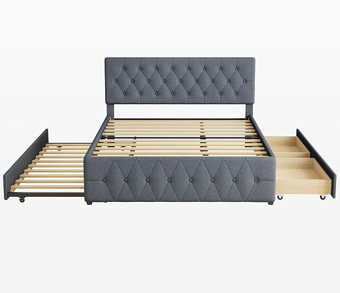 Queen Bed Frame with 2 Wood Storage Drawers & Pull‑Out Trundle Bed,Upholstered Platform Bed Frame Queen Size with Adjustable Headboard,Wooden Slats Support,No Box Spring Needed,Dark Gray