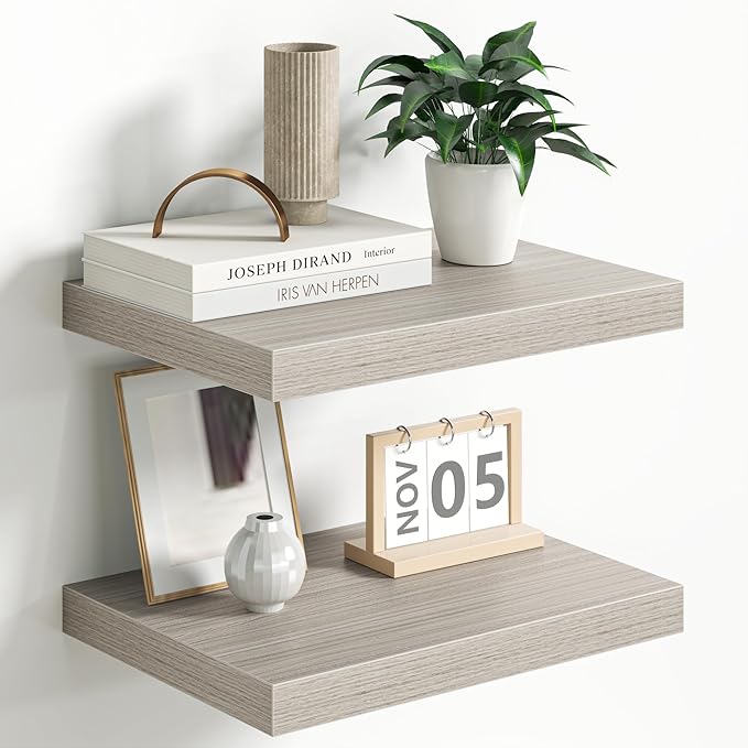 Fun Memories Floating Shelves - 2 Pack 12 Inch Deep Rustic Wooden Wall Shelves - Extra Deeper & Thicker Wall Mounted Storage Shelf for Living Room, Kitchen, Farmhouse - 16" W x 12" D x 1.5" H - Grey