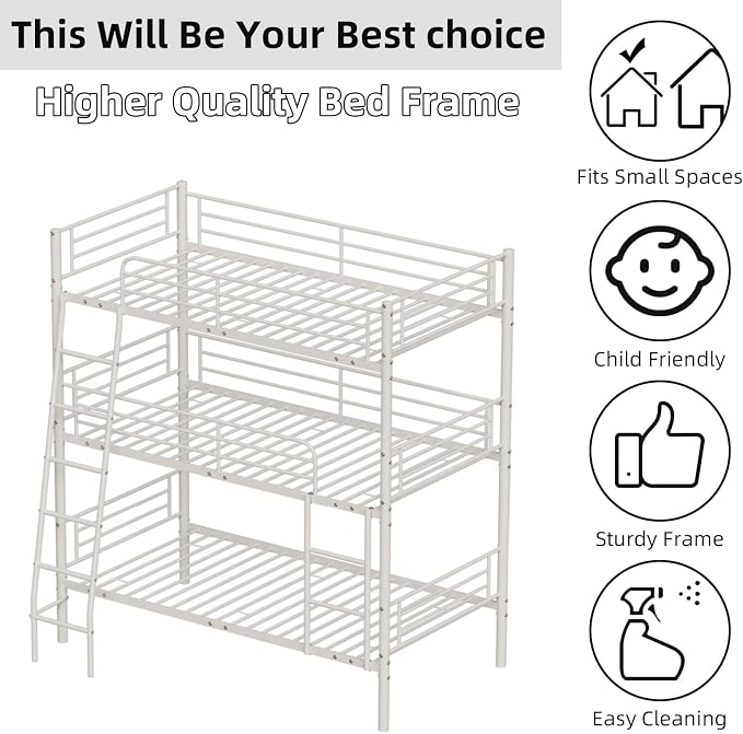 Metal Triple Bunk Bed,Twin Over Twin Bunk Bed for 3, Separates Into 3 Beds with Guardrail and Ladder, Heavy Duty Triple Bed Frame Suitable for Teenager/Adults, No Box Spring Needed(C-White)