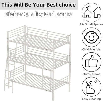 Metal Triple Bunk Bed,Twin Over Twin Bunk Bed for 3, Separates Into 3 Beds with Guardrail and Ladder, Heavy Duty Triple Bed Frame Suitable for Teenager/Adults, No Box Spring Needed(C-White)