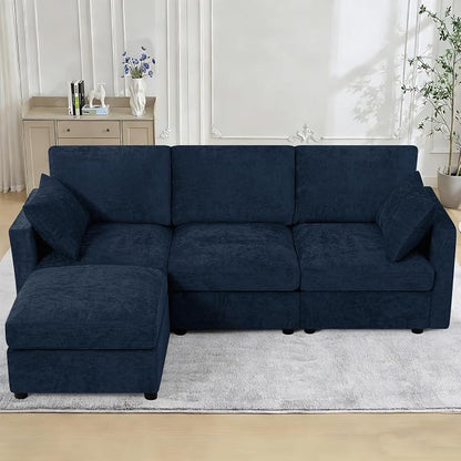 84” Chenille 3-Seats Sofa W/Movable Ottoman, Blue | Modern Fabric L-Shaped Couch w/Soft Backrests, Upholstered Sectional Sofa w/Arm Pillows for Living Room