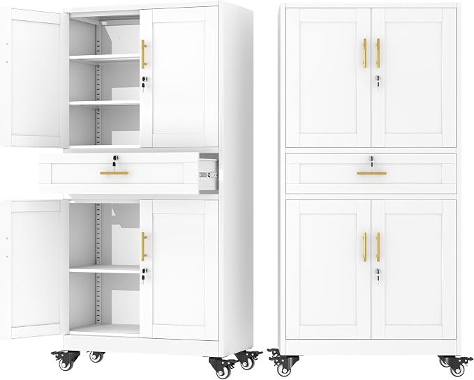 71" Metal Garage Storage Cabinet with Wheels and Locking Doors | Tall Rolling Steel Tool Cabinet with 3 Adjustable Shelves for Garage,Home Office(White, 71" H x 35.43W x 15.74" D)