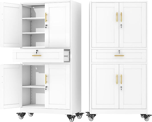 71" Metal Garage Storage Cabinet with Wheels and Locking Doors | Tall Rolling Steel Tool Cabinet with 3 Adjustable Shelves for Garage,Home Office(White, 71" H x 35.43W x 15.74" D)