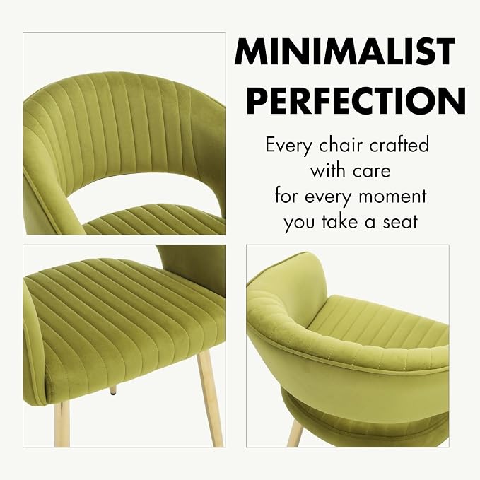 Hyfirm Green Velvet and Gold Dining Chairs, Set of 4 Modern Upholstered Arm Chairs with Hollow Backrest, Tufted Accent Side Chair with Sturdy Metal Legs for Dining Room, Living Room, Kitchen, Salon