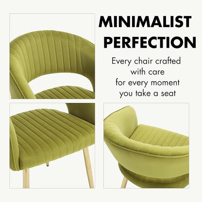 Hyfirm Green Velvet and Gold Dining Chairs, Set of 2 Modern Upholstered Arm Chairs with Hollow Backrest, Tufted Accent Side Chair with Sturdy Metal Legs for Dining Room, Living Room, Kitchen, Salon