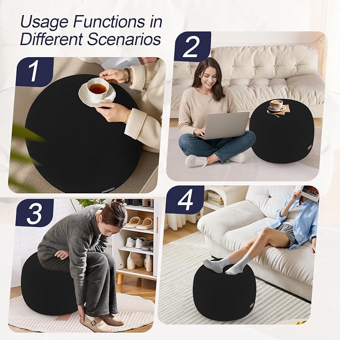 MeMoreCool Stuffed Round Pouf Ottoman Foot Rest, Floor Pouf Foot Stool with Soft Foam Chunk Filling, Small Round Ottoman Footstool Circle Footrest for Living Room, Black