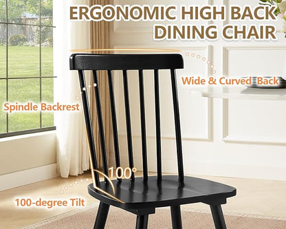 PrimeZone Windsor Dining Chairs Set of 4 - Solid Rubber Wood Farmhouse Kitchen Chair with Spindle Back, Mid-Century Modern Side Dining Chair for Dining Room, Kitchen & Restaurant, Black