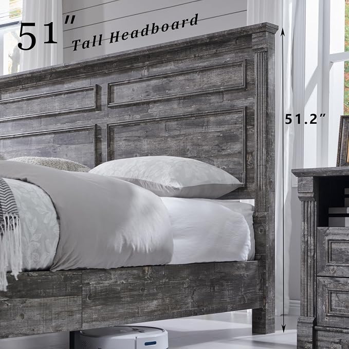 Aitjunz Farmhouse King Size Bed Frame with 51" Tall Headboard, Wood Platform Bed Frame with 20" Tall Roman Column Decoration Footboard & 3 Large Storage Drawers, No Box Spring Needed (Light Grey)