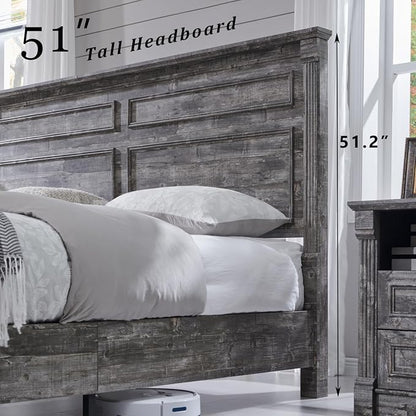 Aitjunz Farmhouse King Size Bed Frame with 51" Tall Headboard, Wood Platform Bed Frame with 20" Tall Roman Column Decoration Footboard & 3 Large Storage Drawers, No Box Spring Needed (Light Grey)